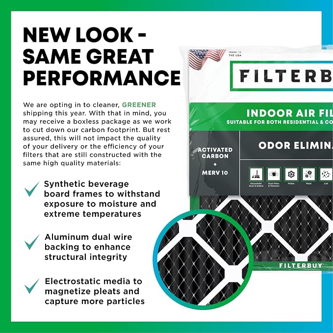 15x25x1 Air Filter MERV 10 Odor & Allergy Defense with Activated Carbon (5-Pack), Electrostatic Pleated HVAC AC Furnace