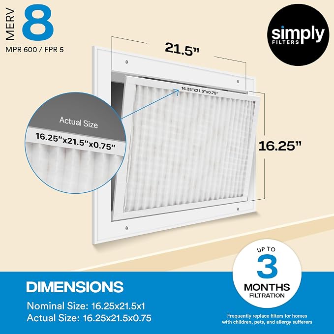 16.25x21.5x1 Air Filter, Merv 8, MPR 600, 4 Pack, Furnace Air Filter for HVAC (Actual Size: 16.25"x21.5"x0.75") DUST, Pet, &