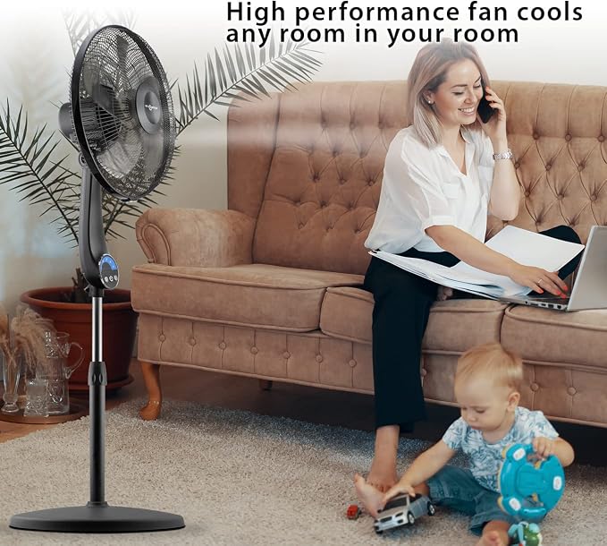 16" 5-Blade, 5 Speed Adjustable Height Ultra Powerful Quiet Oscillating Standing Pedestal Fan with Remote Control, 7.5 Hour