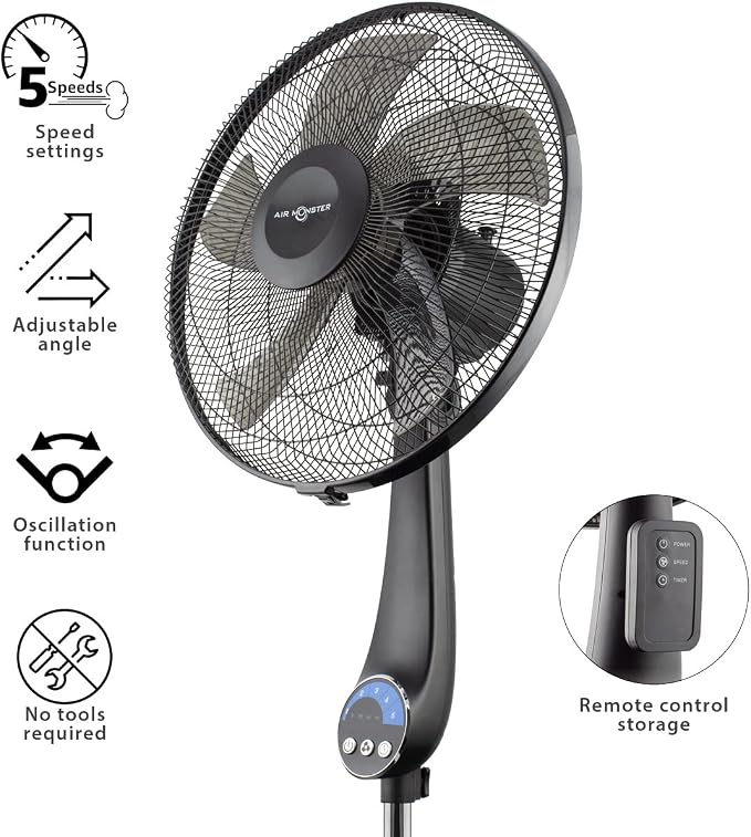 16" 5-Blade, 5 Speed Adjustable Height Ultra Powerful Quiet Oscillating Standing Pedestal Fan with Remote Control, 7.5 Hour
