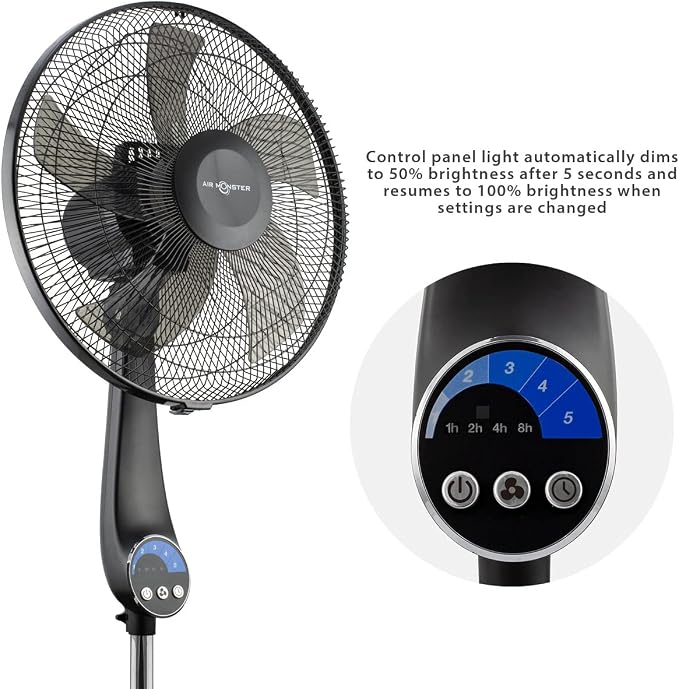 16" 5-Blade, 5 Speed Adjustable Height Ultra Powerful Quiet Oscillating Standing Pedestal Fan with Remote Control, 7.5 Hour
