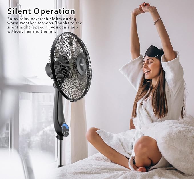 16" 5-Blade, 5 Speed Adjustable Height Ultra Powerful Quiet Oscillating Standing Pedestal Fan with Remote Control, 7.5 Hour