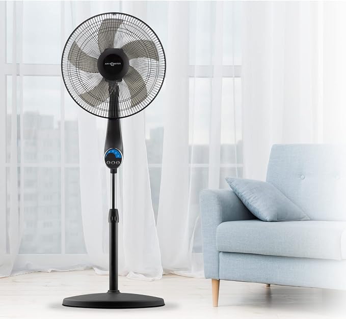 16" 5-Blade, 5 Speed Adjustable Height Ultra Powerful Quiet Oscillating Standing Pedestal Fan with Remote Control, 7.5 Hour