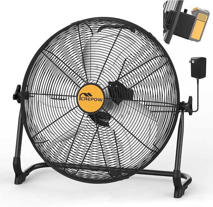 16" Battery Operated Floor Fan, Compatible with 20V Max Battery, Portable Cordless Fan with AC Adapter, USB and Type C