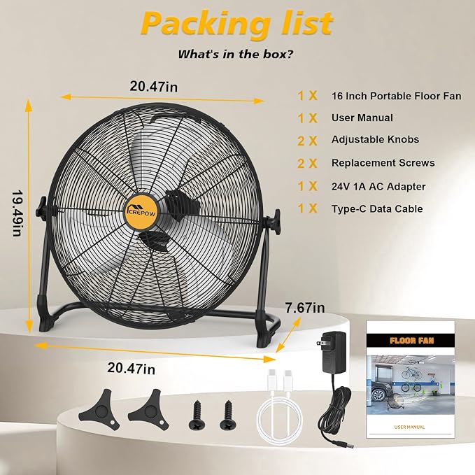 16" Battery Operated Floor Fan, Compatible with 20V Max Battery, Portable Cordless Fan with AC Adapter, USB and Type C
