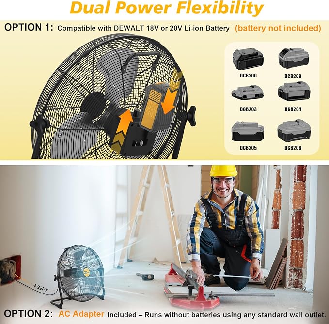 16" Battery Operated Floor Fan, Compatible with 20V Max Battery, Portable Cordless Fan with AC Adapter, USB and Type C