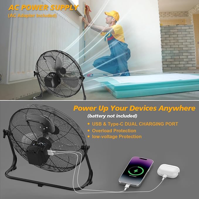 16" Battery Operated Floor Fan, Compatible with 20V Max Battery, Portable Cordless Fan with AC Adapter, USB and Type C