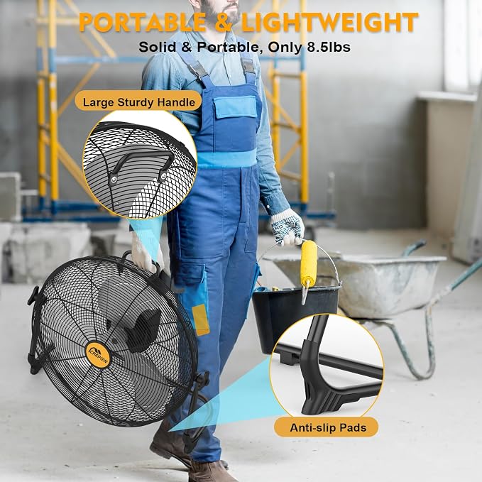 16" Battery Operated Floor Fan, Compatible with 20V Max Battery, Portable Cordless Fan with AC Adapter, USB and Type C