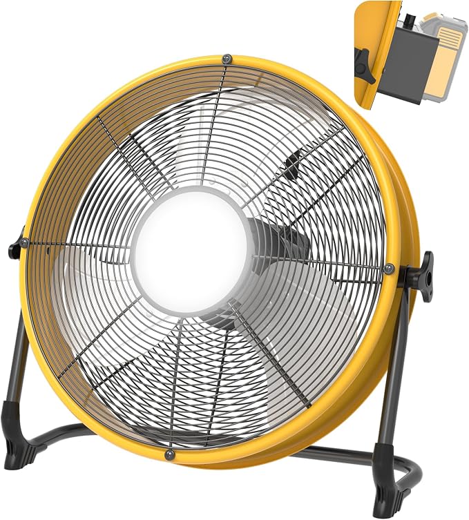 16'' Cordless Fan Compatible with 18V/20V Battery, USB Floor Fan Battery Powered Camping Fan with LED Light, USB Type