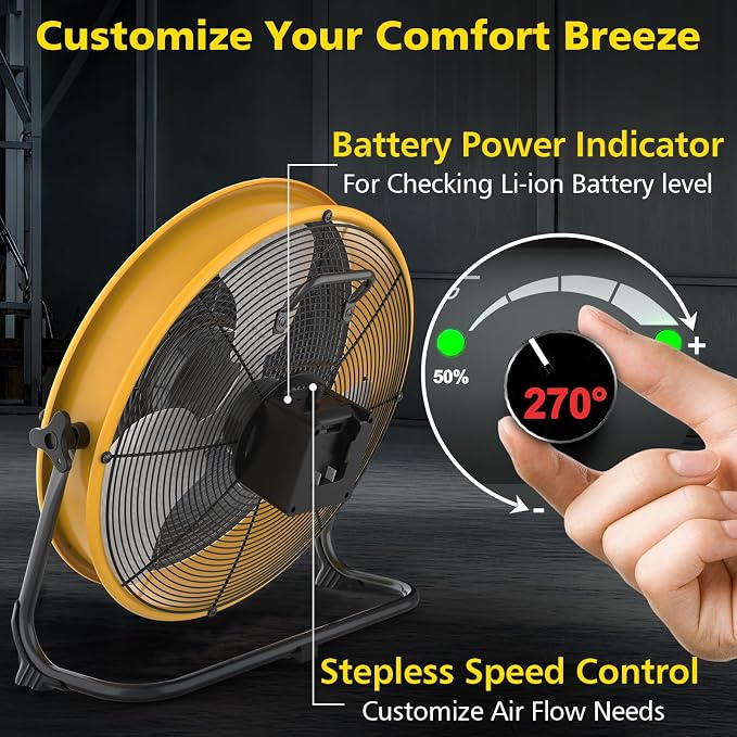 16'' Cordless Fan Compatible with 18V/20V Battery, USB Floor Fan Battery Powered Camping Fan with LED Light, USB Type