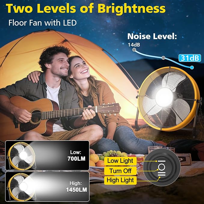 16'' Cordless Fan Compatible with 18V/20V Battery, USB Floor Fan Battery Powered Camping Fan with LED Light, USB Type