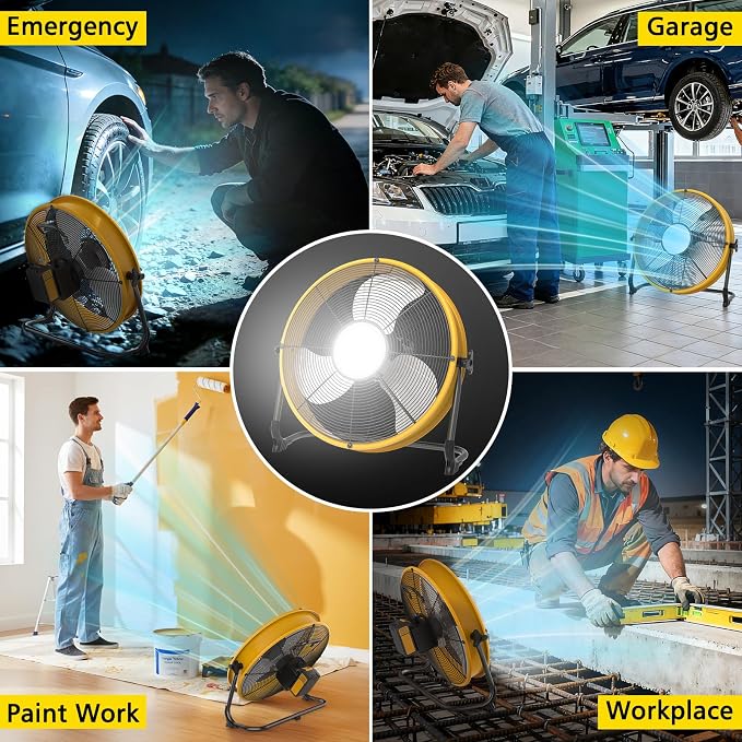16'' Cordless Fan Compatible with 18V/20V Battery, USB Floor Fan Battery Powered Camping Fan with LED Light, USB Type