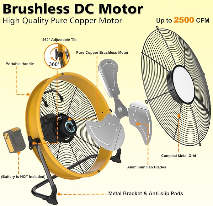 16'' Cordless Fan Compatible with 18V/20V Battery, USB Floor Fan Battery Powered Camping Fan with LED Light, USB Type