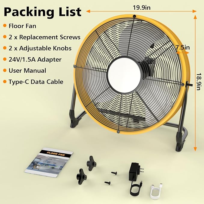 16'' Cordless Fan Compatible with 18V/20V Battery, USB Floor Fan Battery Powered Camping Fan with LED Light, USB Type