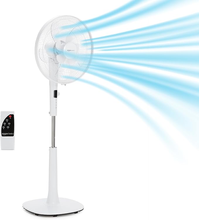 16" DC Motor Standing Floor Fan, 12 Speed with Remote, 3 Breeze Modes, Dual-Layered Blades (10 Blades), Timer, Energy