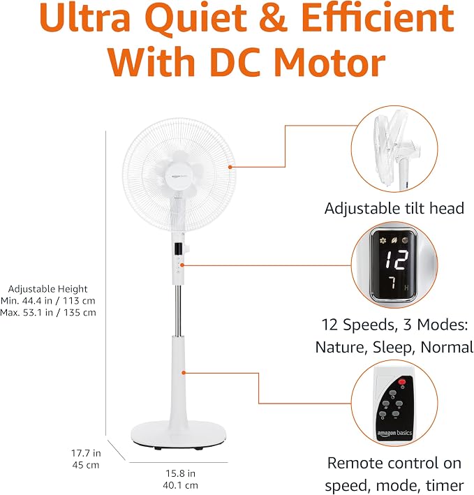 16" DC Motor Standing Floor Fan, 12 Speed with Remote, 3 Breeze Modes, Dual-Layered Blades (10 Blades), Timer, Energy