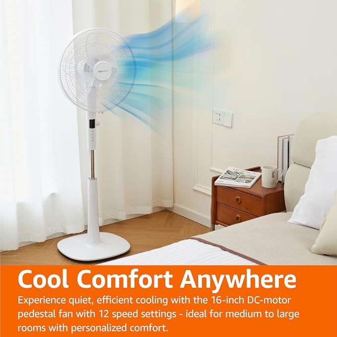 16" DC Motor Standing Floor Fan, 12 Speed with Remote, 3 Breeze Modes, Dual-Layered Blades (10 Blades), Timer, Energy