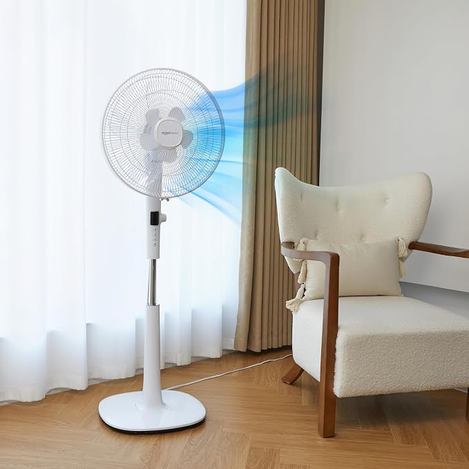 16" DC Motor Standing Floor Fan, 12 Speed with Remote, 3 Breeze Modes, Dual-Layered Blades (10 Blades), Timer, Energy