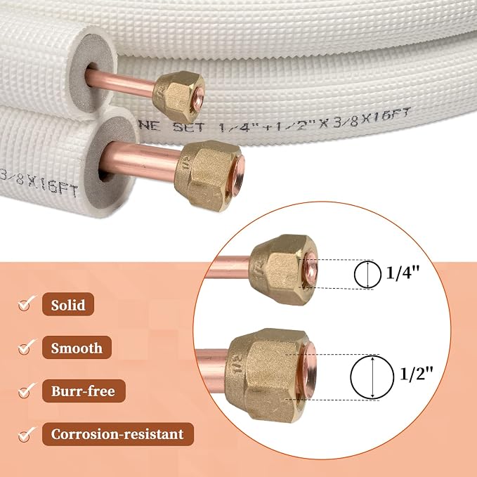 16 Ft. Line Set 1/4&1/2 Inch 3/8 PE for Mini Split Air Conditioner Insulated Coil Copper Pipes HVAC with Fittings, alternate