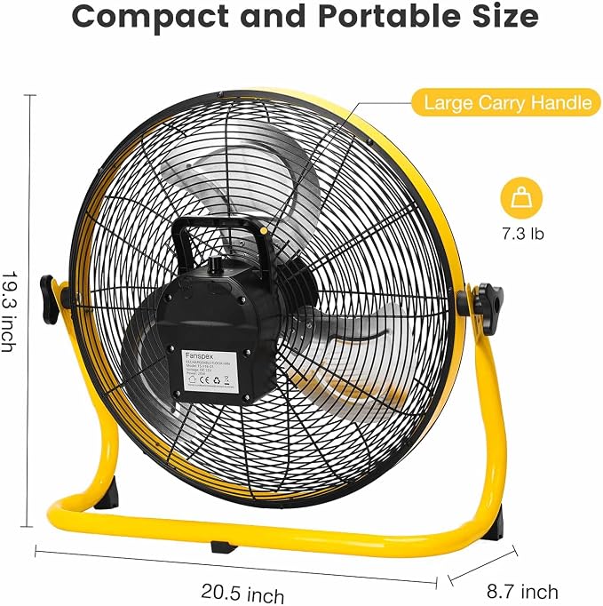 16" High-Velocity Portable Battery Operated Floor Fan for Home Camping Gym Garage Gazebo Greenhouse, 360° Adjustable Tilt
