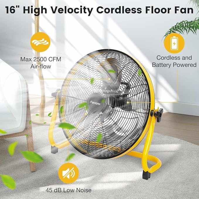 16" High-Velocity Portable Battery Operated Floor Fan for Home Camping Gym Garage Gazebo Greenhouse, 360° Adjustable Tilt
