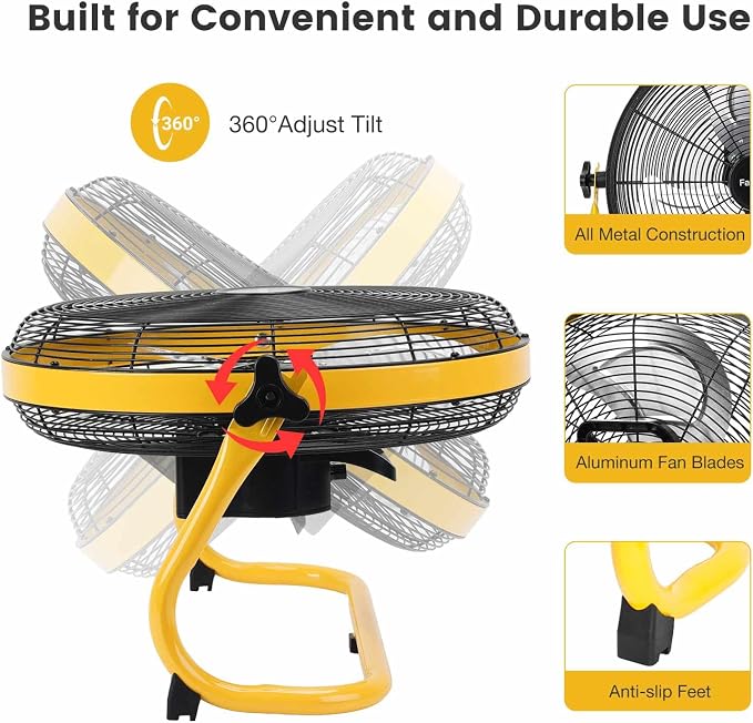 16" High-Velocity Portable Battery Operated Floor Fan for Home Camping Gym Garage Gazebo Greenhouse, 360° Adjustable Tilt