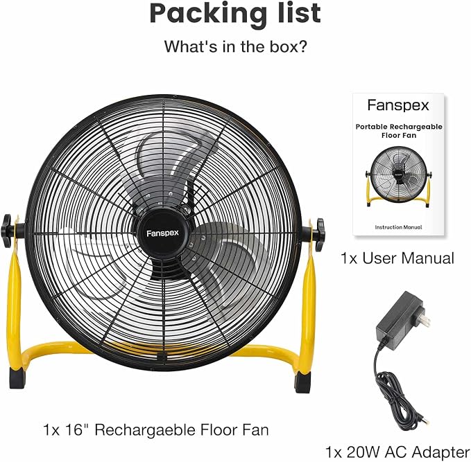 16" High-Velocity Portable Battery Operated Floor Fan for Home Camping Gym Garage Gazebo Greenhouse, 360° Adjustable Tilt