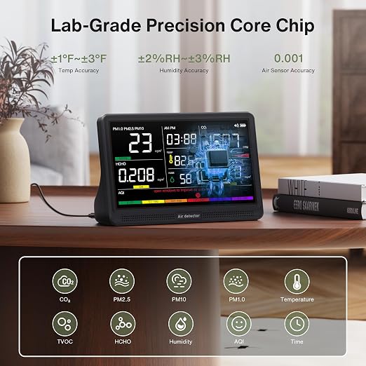 16 in 1 Air Quality Monitor Indoor 7" Display 9 AQI+7 AQI Alerts, CO2 Monitor Air Quality Tester for CO2, TVOC, PM2.5 PM1.0