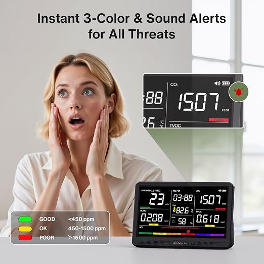 16 in 1 Air Quality Monitor Indoor 7" Display 9 AQI+7 AQI Alerts, CO2 Monitor Air Quality Tester for CO2, TVOC, PM2.5 PM1.0