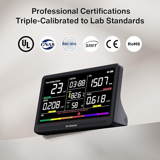 16 in 1 Air Quality Monitor Indoor 7" Display 9 AQI+7 AQI Alerts, CO2 Monitor Air Quality Tester for CO2, TVOC, PM2.5 PM1.0