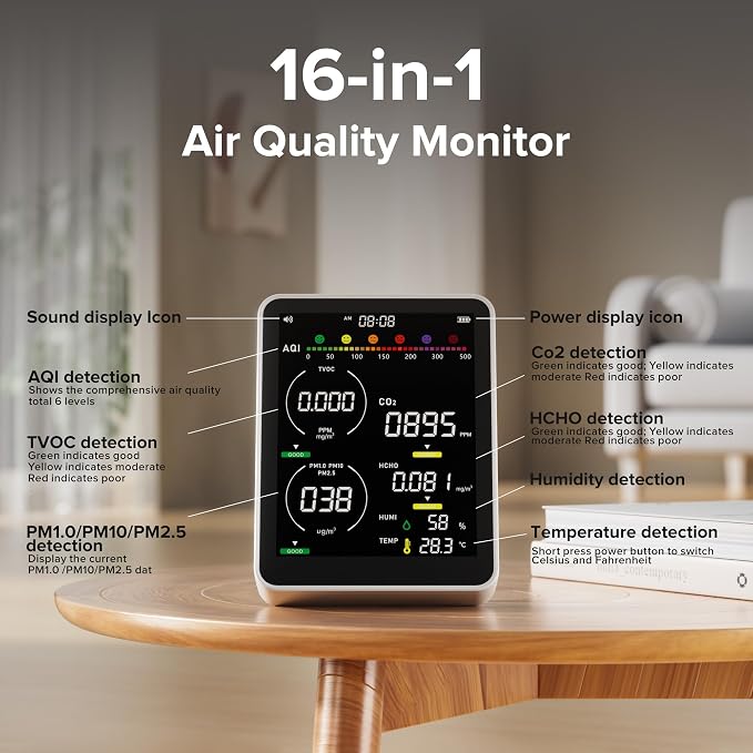 16 in 1 Air Quality Monitor Indoor 9 +7 AQI Alerts, CO2 Monitor Air Quality Tester for CO2, TVOC, PM2.5 PM1.0 PM10, alternate