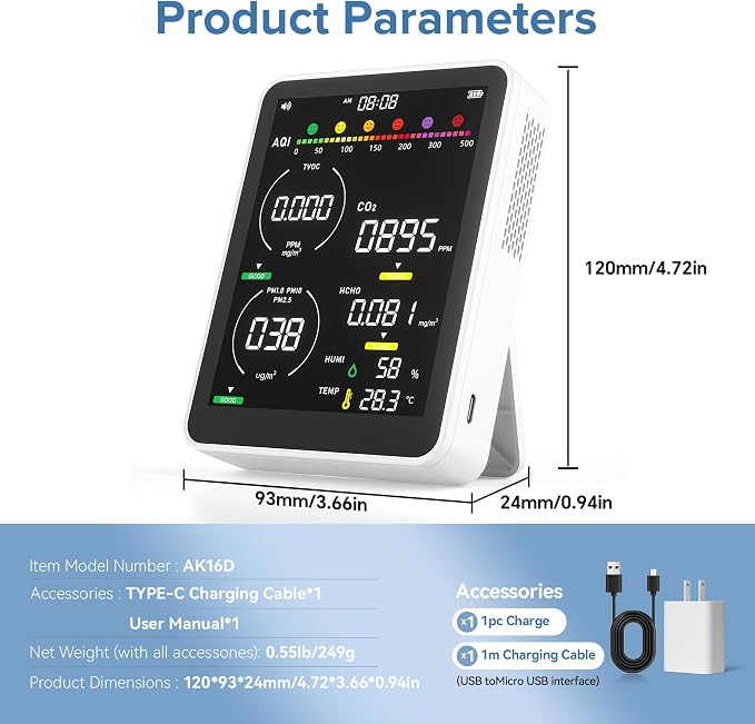 16 in 1 Air Quality Monitor Indoor 9 +7 AQI Alerts, CO2 Monitor Air Quality Tester for CO2, TVOC, PM2.5 PM1.0 PM10, alternate