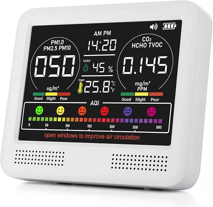16-in-1 Indoor Air Quality Monitor with PM1.0,PM2.5,PM10,CO2,HCHO,TVOC,Temperature,Humidity,Time Display &7 AQI, product