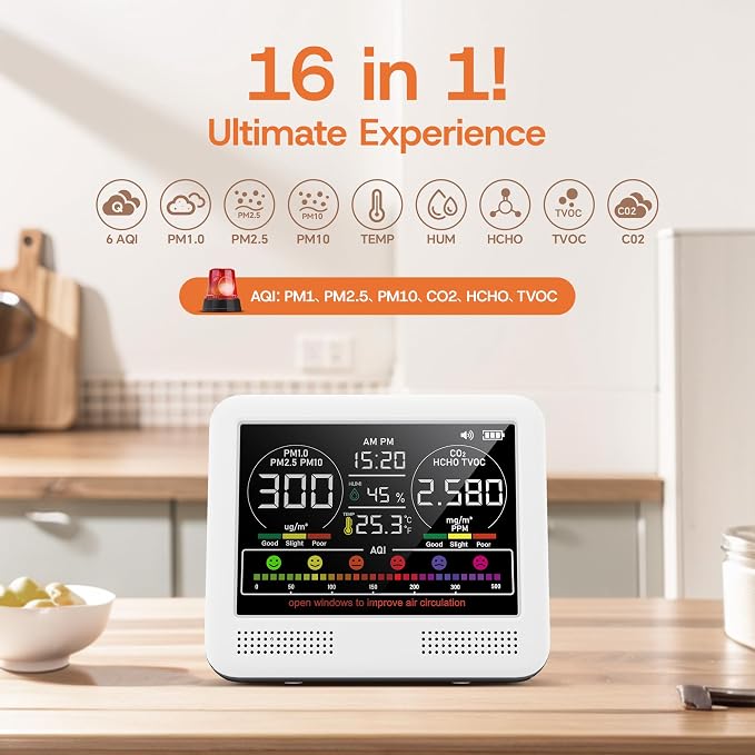 16-in-1 Indoor Air Quality Monitor with PM1.0,PM2.5,PM10,CO2,HCHO,TVOC,Temperature,Humidity,Time Display &7 AQI, alternate