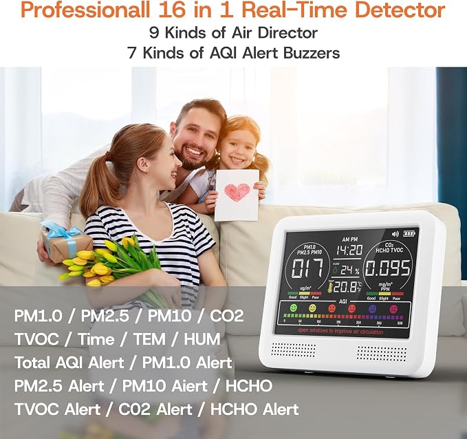 16-in-1 Indoor Air Quality Monitor with PM1.0,PM2.5,PM10,CO2,HCHO,TVOC,Temperature,Humidity,Time Display &7 AQI, alternate