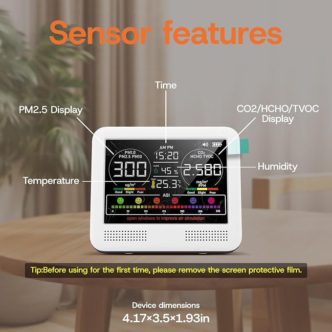 16-in-1 Indoor Air Quality Monitor with PM1.0,PM2.5,PM10,CO2,HCHO,TVOC,Temperature,Humidity,Time Display &7 AQI, alternate