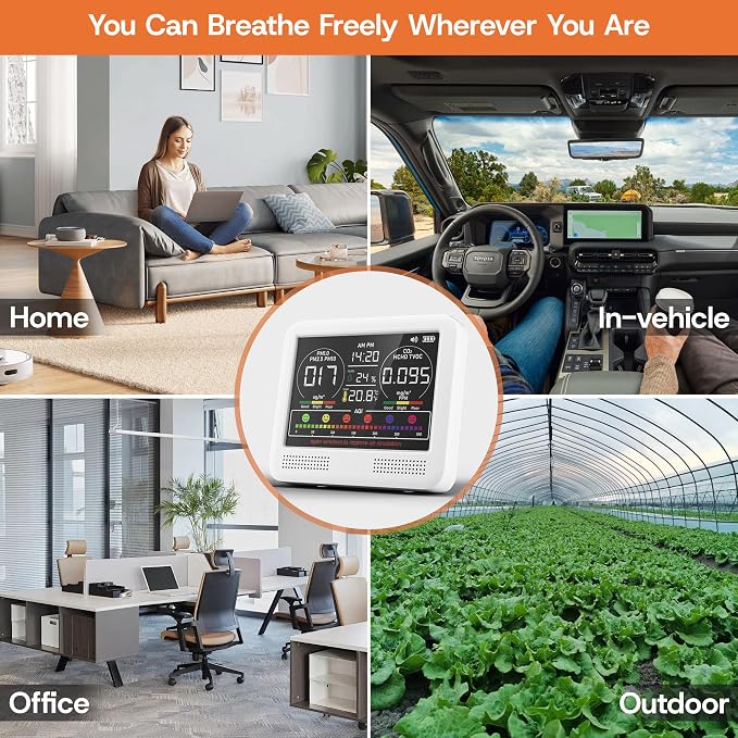 16-in-1 Indoor Air Quality Monitor with PM1.0,PM2.5,PM10,CO2,HCHO,TVOC,Temperature,Humidity,Time Display &7 AQI, alternate