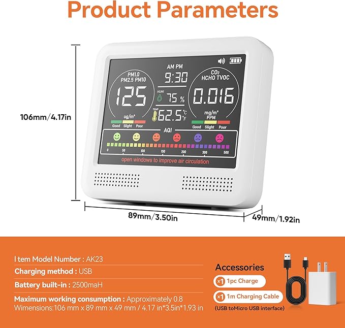 16-in-1 Indoor Air Quality Monitor with PM1.0,PM2.5,PM10,CO2,HCHO,TVOC,Temperature,Humidity,Time Display &7 AQI, alternate