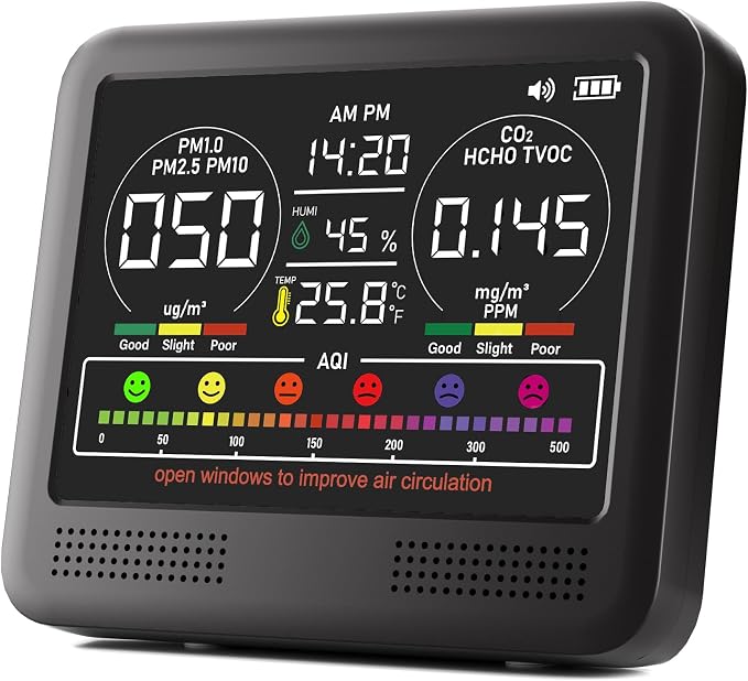 16-in-1 Indoor Air Quality Monitor with PM1.0,PM2.5,PM10,CO2,HCHO,TVOC,Temperature,Humidity,Time Display &7 AQI, product