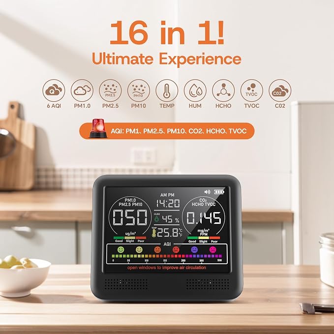 16-in-1 Indoor Air Quality Monitor with PM1.0,PM2.5,PM10,CO2,HCHO,TVOC,Temperature,Humidity,Time Display &7 AQI, alternate