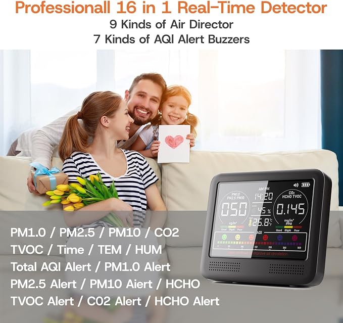 16-in-1 Indoor Air Quality Monitor with PM1.0,PM2.5,PM10,CO2,HCHO,TVOC,Temperature,Humidity,Time Display &7 AQI, alternate