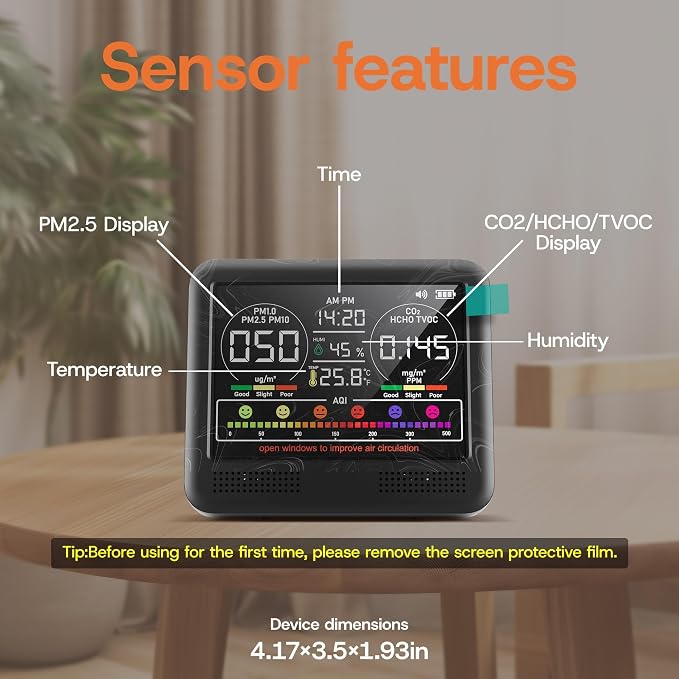 16-in-1 Indoor Air Quality Monitor with PM1.0,PM2.5,PM10,CO2,HCHO,TVOC,Temperature,Humidity,Time Display &7 AQI, alternate