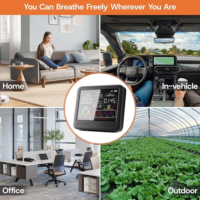 16-in-1 Indoor Air Quality Monitor with PM1.0,PM2.5,PM10,CO2,HCHO,TVOC,Temperature,Humidity,Time Display &7 AQI, alternate