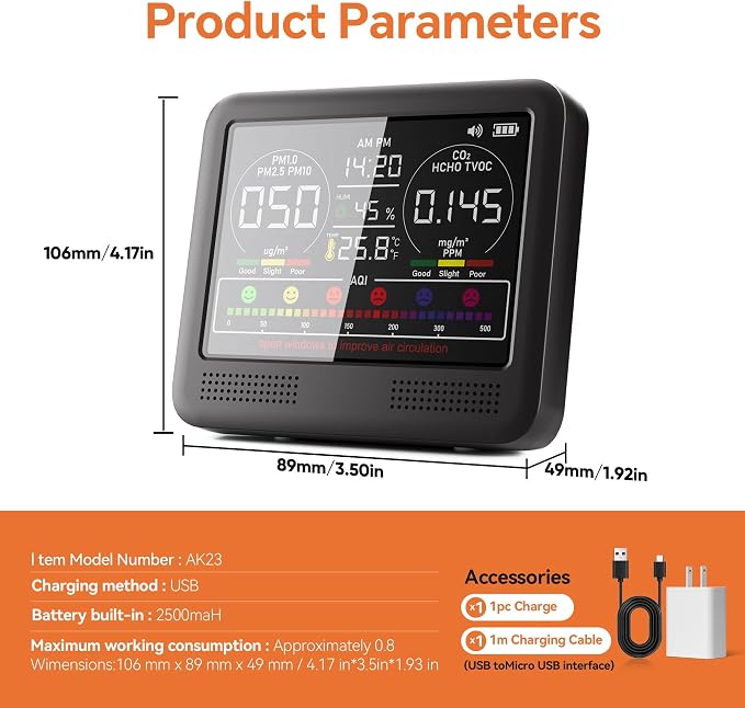 16-in-1 Indoor Air Quality Monitor with PM1.0,PM2.5,PM10,CO2,HCHO,TVOC,Temperature,Humidity,Time Display &7 AQI, alternate