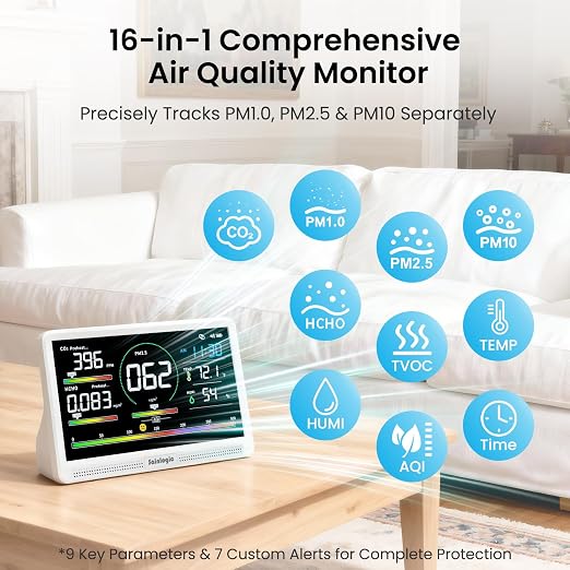 16 in 1 Professional Air Quality Monitor Indoor with 7.2" Display & 3-Color 7 AQI Alerts,CO2 Monitor Air Quality Tester for