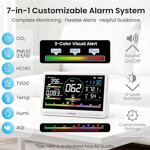 16 in 1 Professional Air Quality Monitor Indoor with 7.2" Display & 3-Color 7 AQI Alerts,CO2 Monitor Air Quality Tester for