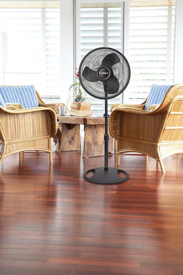 16-inch 3-Speed Oscillating Floor Fan with Adjustable Height, Tilt-Back Head, Widespread Oscillation, and Patented Blue Plug