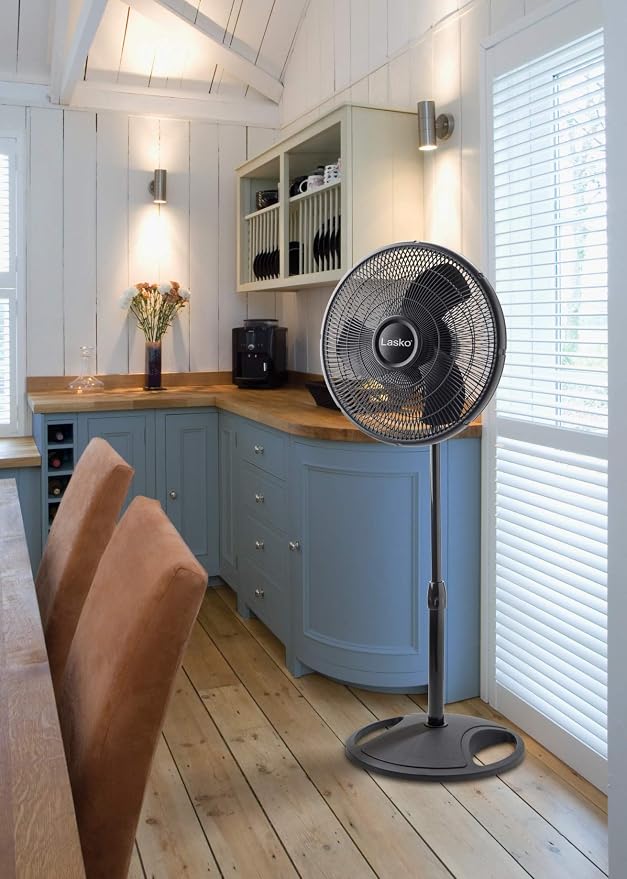 16-inch 3-Speed Oscillating Floor Fan with Adjustable Height, Tilt-Back Head, Widespread Oscillation, and Patented Blue Plug