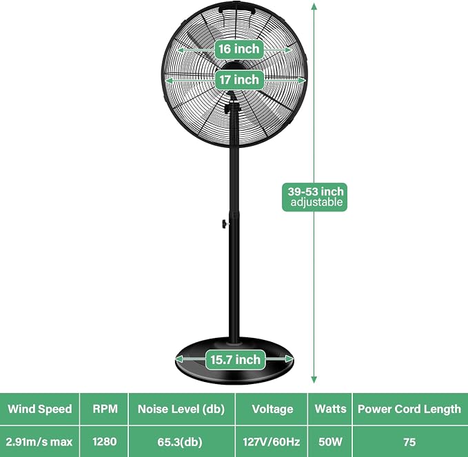 16 Inch High Velocity Stand Fan, Adjustable Heights, 75°Oscillating, Low Noise, Quality Made Fan with 3 Settings Speeds
