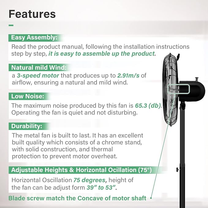 16 Inch High Velocity Stand Fan, Adjustable Heights, 75°Oscillating, Low Noise, Quality Made Fan with 3 Settings Speeds